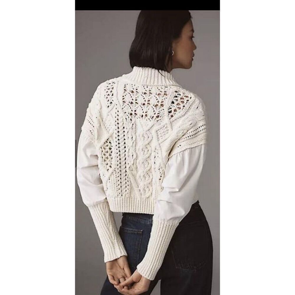 Anthropologie Balloon-Sleeve Twofer Cable-Knit Cardigan Sweater Size M MSRP $158